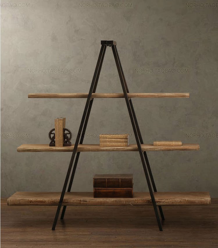 Retro American Iron Art Shelf Solid Wood Display Shelf Floor Trapezoid Middle Island Rack Partition Shelf Loft Display Shelf