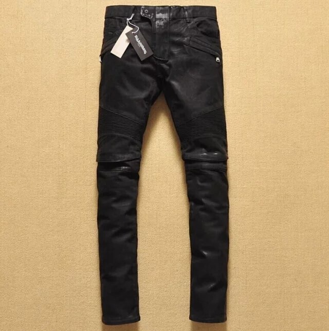 European and American Fashion Youth Coated Waxed Leather Feel Slim Fit Small Feet Thickeneded Knee Pleated Motorcycle Stretch Jeans for Men