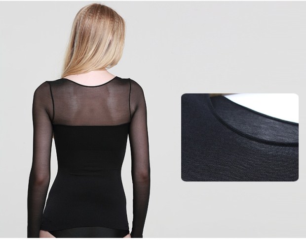 Ren Slim Toping Áo sơ mi lưới trong suốt dài tay áo thun liền mạch voan cơ thể gầy hàng đầu phụ nữ mỏng mẫu áo sơ mi nữ