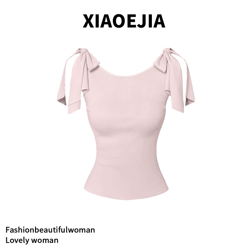 Xiaoejia Sweet Style Cherry Pink Bow Tie Sleeve T-Shirt for Women, Summer Waist-Cinching Slimming Versatile Top