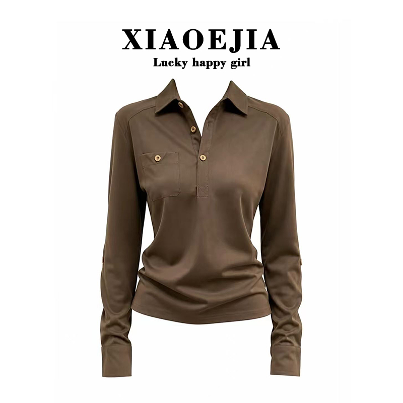 Xiaoejia【Coffee Green Shirt】Coffee Green Lapel Shirt for Women, Autumn Workwear Long-Sleeve Top