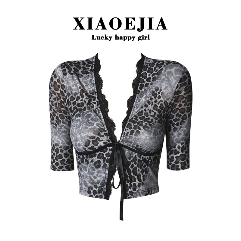 Xiaoejia Mature and Sexy Outfit with Fashionable Leopard Print Lace Patchwork Tie-Up Cardigan Design Mid-Sleeve Top Xiaoejia Mature and Sexy Outfit with Fashionable Leopard Print Lace Patchwork Tie-Up Cardigan Design Mid-Sleeve Top