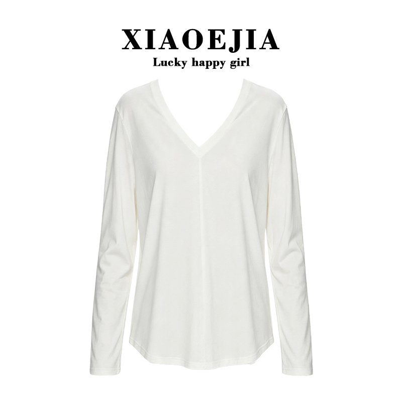 Xiaoejia V-Neck Epaulet Long-Sleeved T-Shirt Black/White