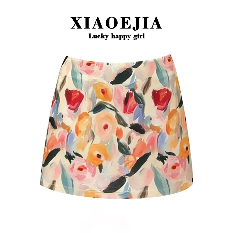 Xiaoej "Monet's Spring Day" Satin Short Skirt with Safety Pants, Oil Painting Floral Half-Skirt for Summer