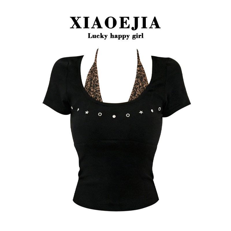 Xiaoejia Pure and Sexy Style Hot Girl Going Out Leopard Print Patchwork Design Halter Neck Fake Two-Piece T-Shirt for Women Slimming Top