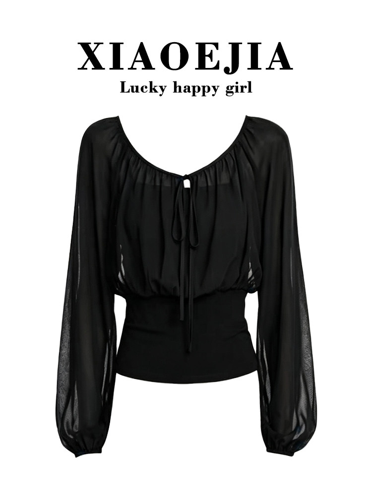 Xiaoejia Fake Two-Piece Chiffon Top with Double-Layered Waist, Long Sleeves, Elegant and Gentle Style Lace Blouse for Women