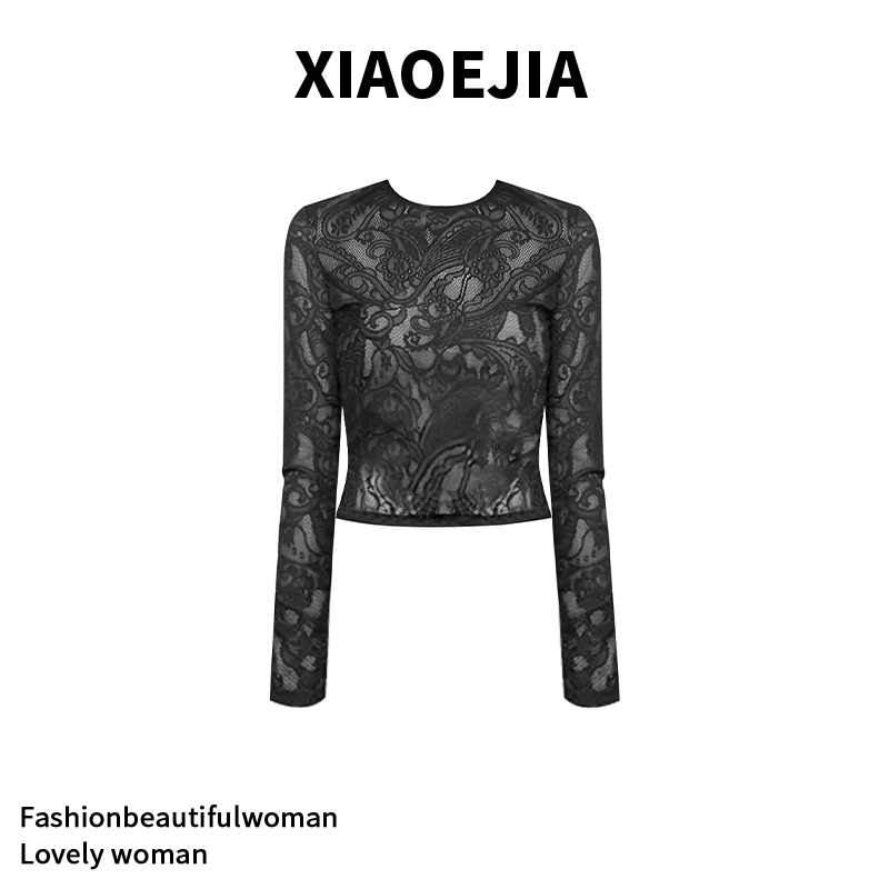 Xiaoejia French-Style Elegant Black Long-Sleeve Lace T-Shirt for Women, Autumn High-End Design Hollow-Out Sexy Top Xiaoejia French-Style Elegant Black Long-Sleeve Lace T-Shirt for Women, Autumn High-End Design Hollow-Out Sexy Top