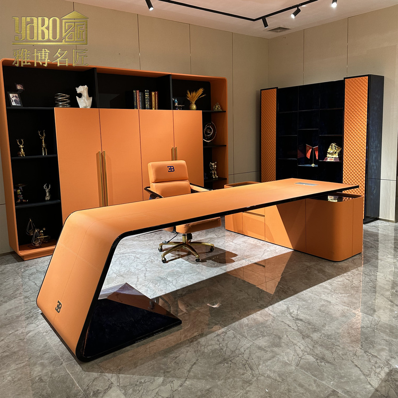 Italian-Style Light Luxury Executive Desk, Bugatti Orange Desk, Computer Desk, Executive Desk, Boss's Solid Wood Leather Desk and Chair