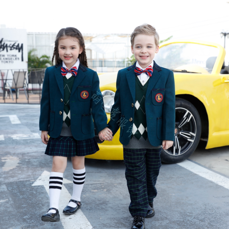 High-grade kindergarten uniform woolen four-piece set spring autumn winter primary school students British style school uniform suit children's class uniform