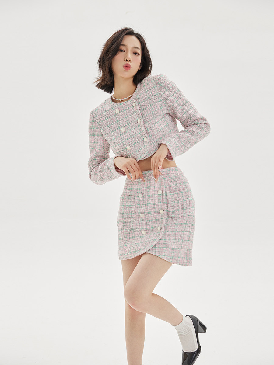 (LaluneDuCiel)LLDC Short Double Breasted Round Collar Small Fragrance Coat Short Skirt Two Piece Suit Women