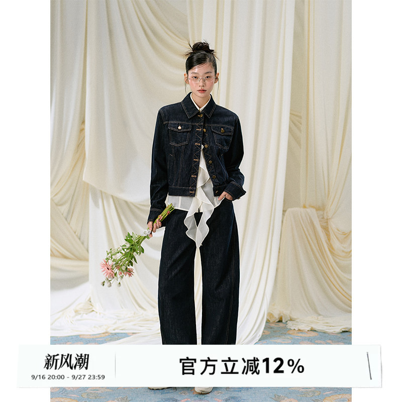 Laluneduciel Blue American Retro Denim Jacket Women's Short Autumn and Winter Jacket Loose Elegant Suit