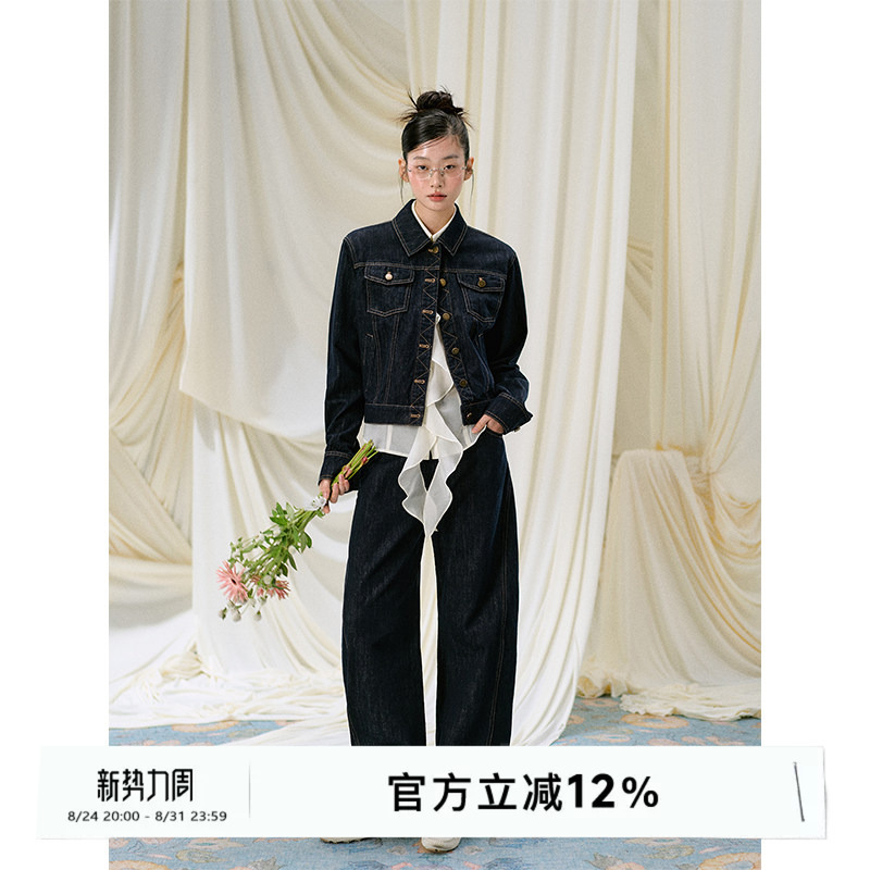 Laluneduciel Blue American Retro Denim Jacket Women's Short Autumn and Winter Jacket Loose Elegant Suit