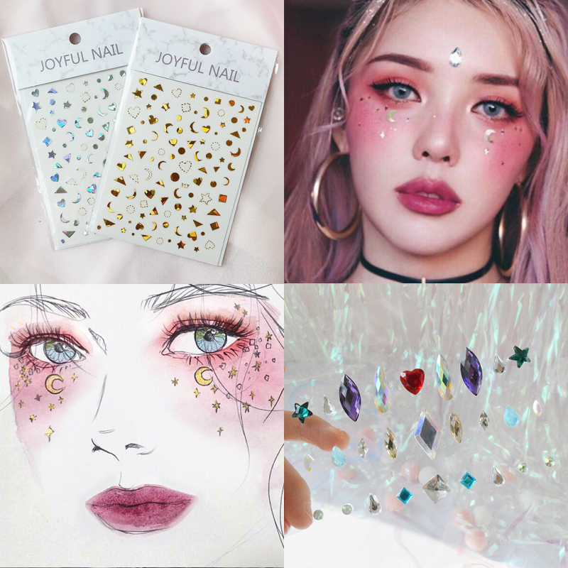 Net Red Pony Park Hye-min with stars and moon stickers Stage makeup sequins face stickers Music festival stickers diamonds