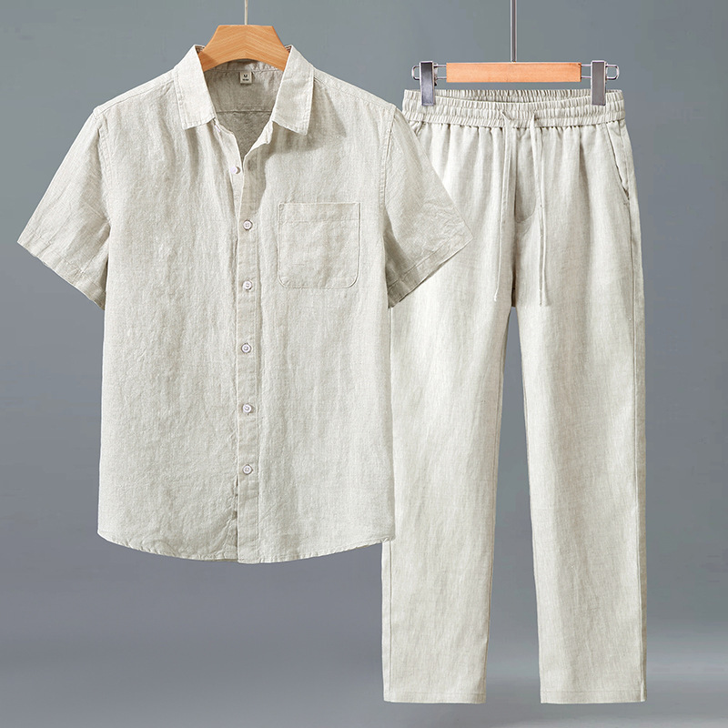 100% Pure Linen Short-Sleeved Shirt for Men, Summer Thin Linen Material, Chinese Retro Casual Chinese-Style Suit with Long Pants Set 100% Pure Linen Short-Sleeved Shirt for Men, Summer Thin Linen Material, Chinese Retro Casual Chinese-Style Suit with Long Pants Set