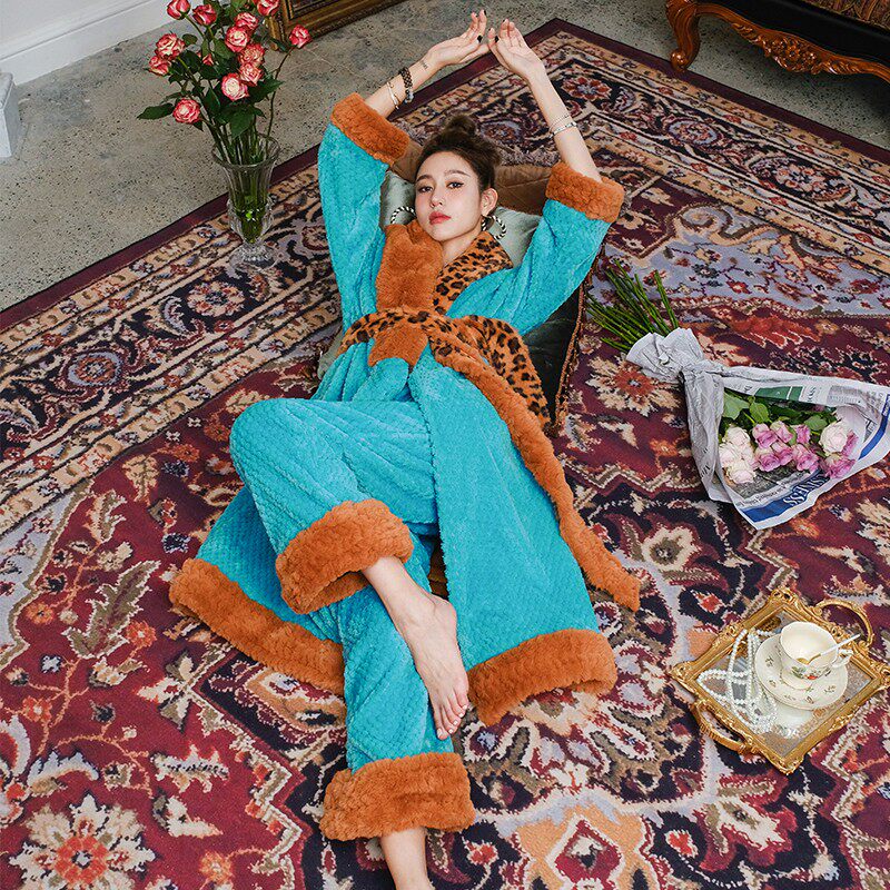 Original Extravagant Collision Color Lake Blue Two-piece Sleepwear Lace-up Warm Home Dress Exterior Wear Pyjamas Flannel Flannel Thicken-Taobao