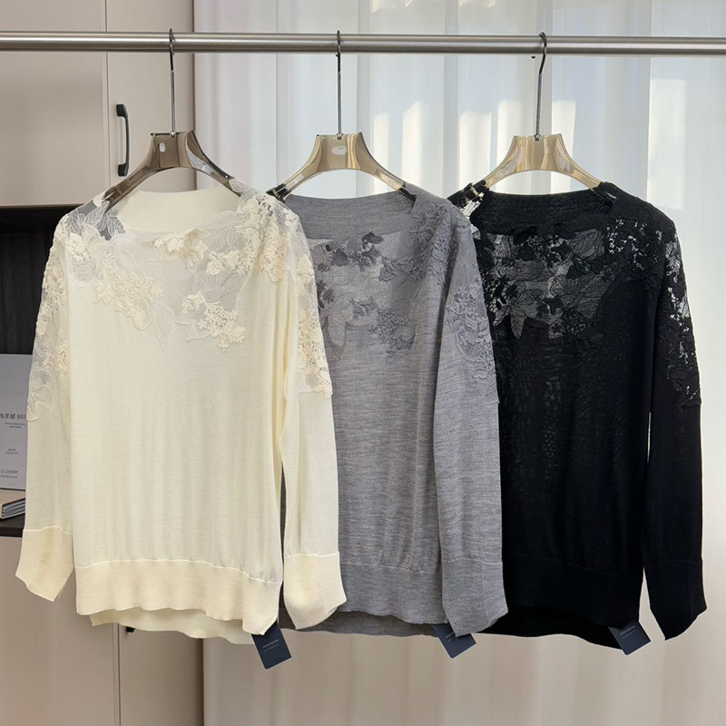 Es 2026 Spring New Embossed Lace Floral Long-Sleeved Knitwear for Women, Gentle and Stylish Wool Top