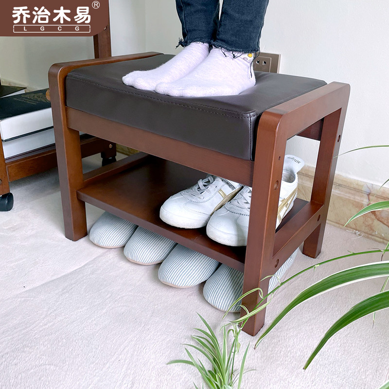 Solid wood shoe changing stool home door modern minimalist wearing shoe stool leather soft cushion cushion can be stored in the household shoe cabinet