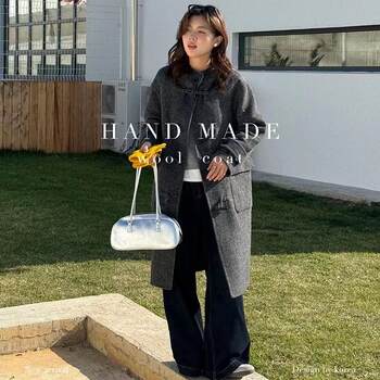 Korean version of wool long women's coat 627 horn button hooded casual commuter fashionable women's coat jacket