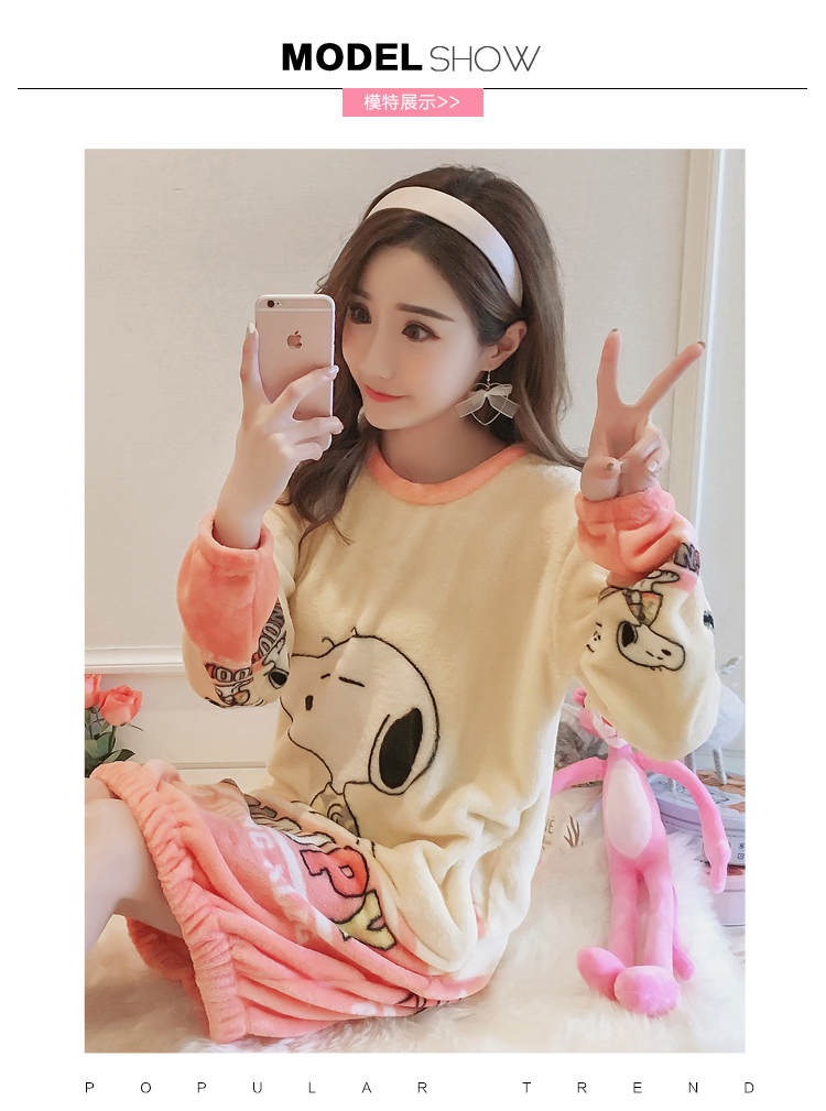 Flannel nightdress nữ mùa thu và mùa đông ngọt ngào dễ thương nhung nhung phim hoạt hình dài tay dày cộng với đồ ngủ nhung Hàn Quốc gợi cảm đầm nữ de thương