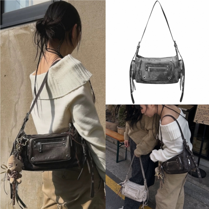 Korean Designer Brand Blackpurple Interchangeable Shoulder Strap Single Shoulder Crossbody Handbag Multi-Pocket Motorcycle Bag