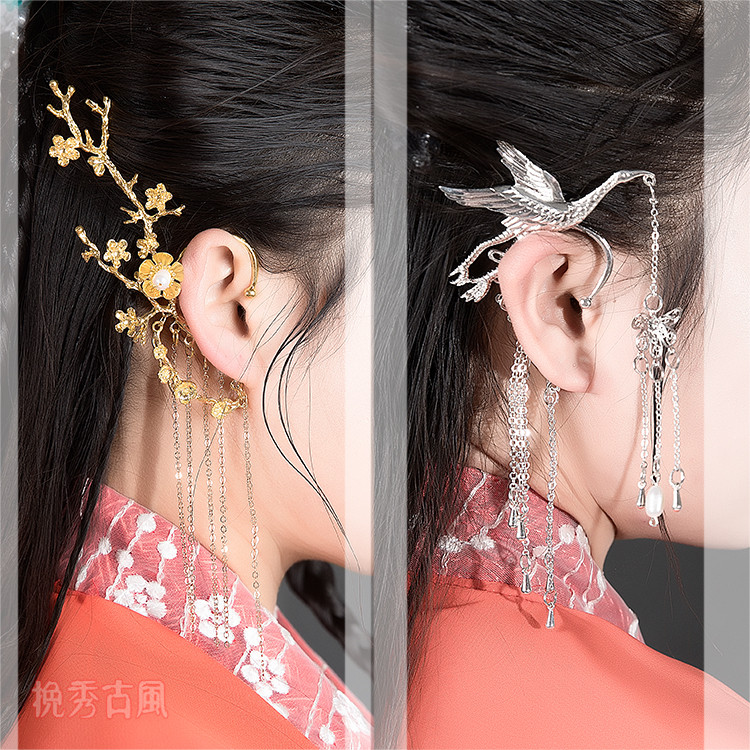 Wanxiu original ear hanging gold and silver crane plum blossom branch tassel step shaking ear hanging ancient style super fairy earrings women without ear piercing - Taobao