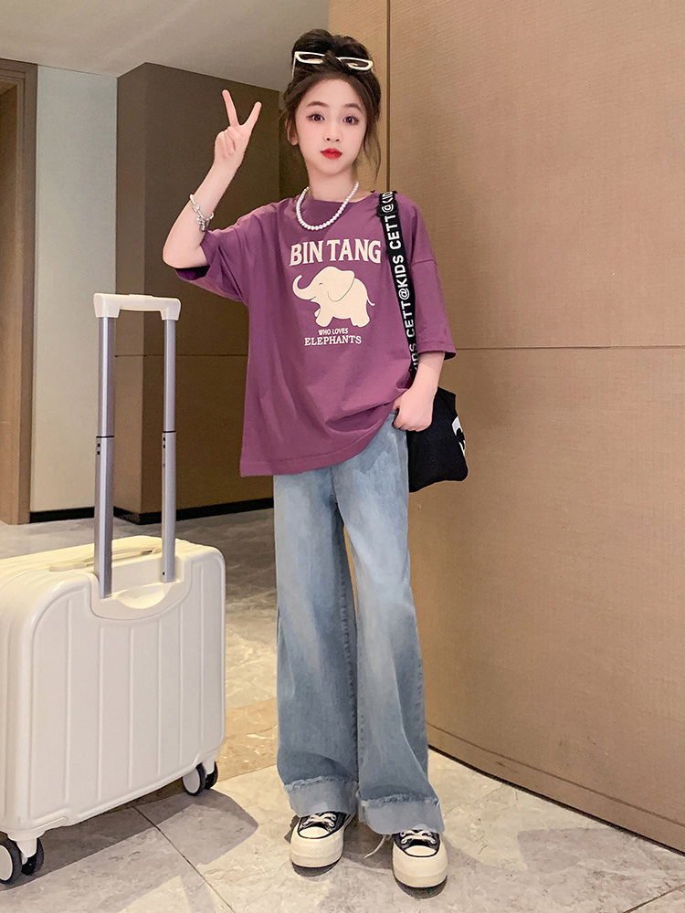 <!--女童夏装套装2024新款休闲儿童洋气时髦大童夏季牛仔阔腿裤两件套-->