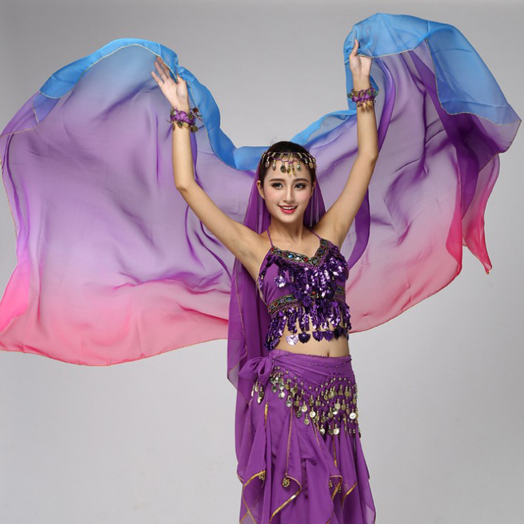 Step up widening belly dance scarlet simulation silk hand throw practice performance Gradual Layer Color Seven Color Dance Silk Scarves Indian Dance