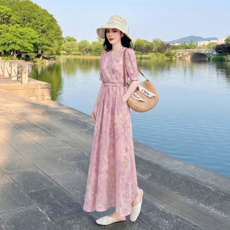 Dress for Women 2026 Summer New Style Light Mature French Gentle Style Pink Print Slimming Tie Elegant Long Dress Dress for Women 2026 Summer New Style Light Mature French Gentle Style Pink Print Slimming Tie Elegant Long Dress