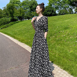 New chiffon floral dress for women 2024 summer waist slimming Korean version long waist strappy long skirt