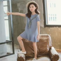 Girls summer dress for girls 12-15-year-old casual children 100 pleats pure cotton blue dresses for girls