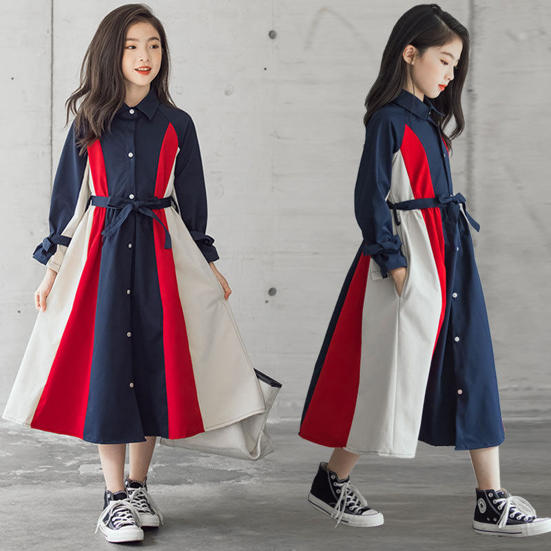 Girl Foreign Dress Spring Clothing Korean version CUHK Scout Coloured collection waist lacing with knee large swing long skirt fall plus velvet