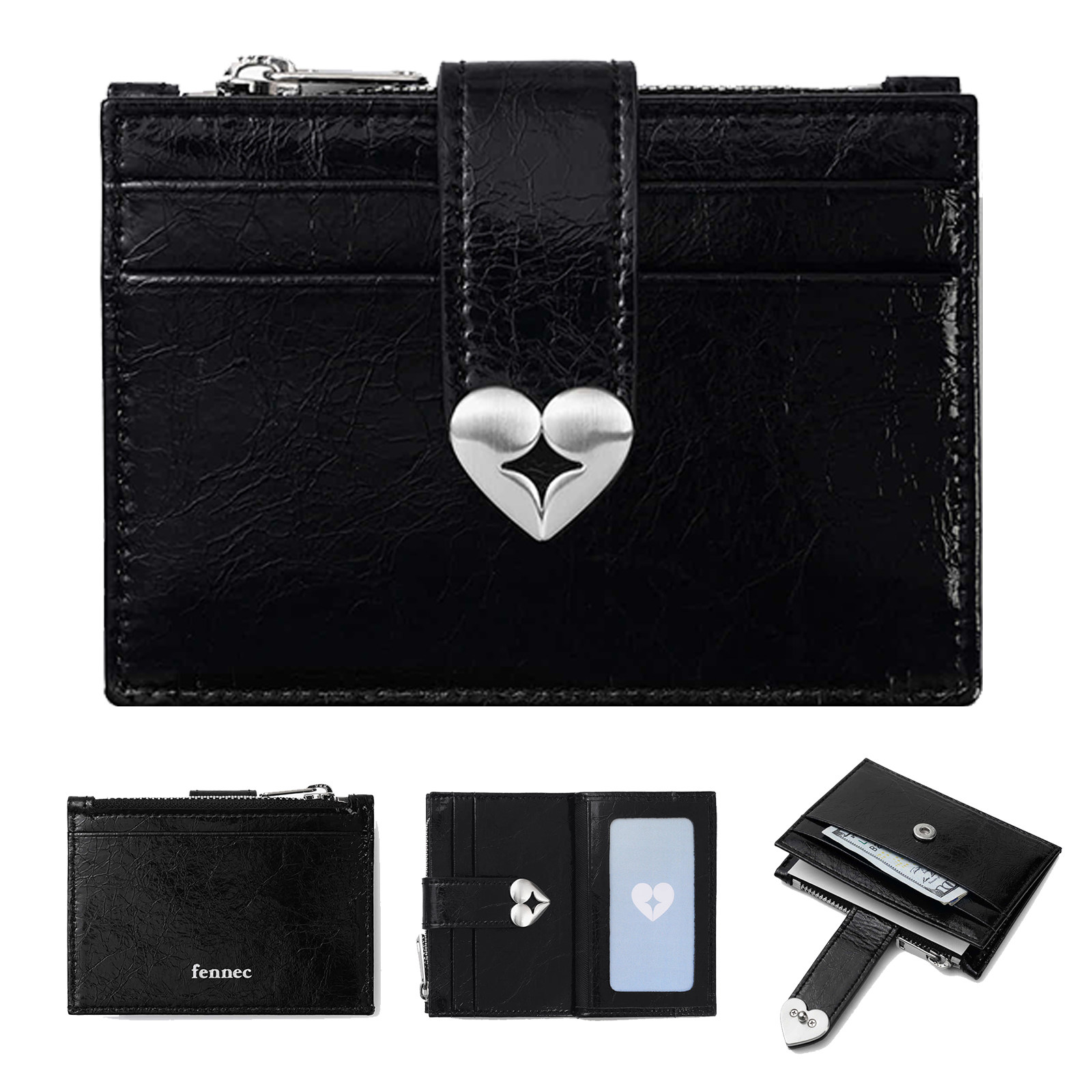 Korean Fen New Heart-Shaped Genuine Leather Card Holder Cute Photo Id Holder Mini Fashion Wallet Coin Purse