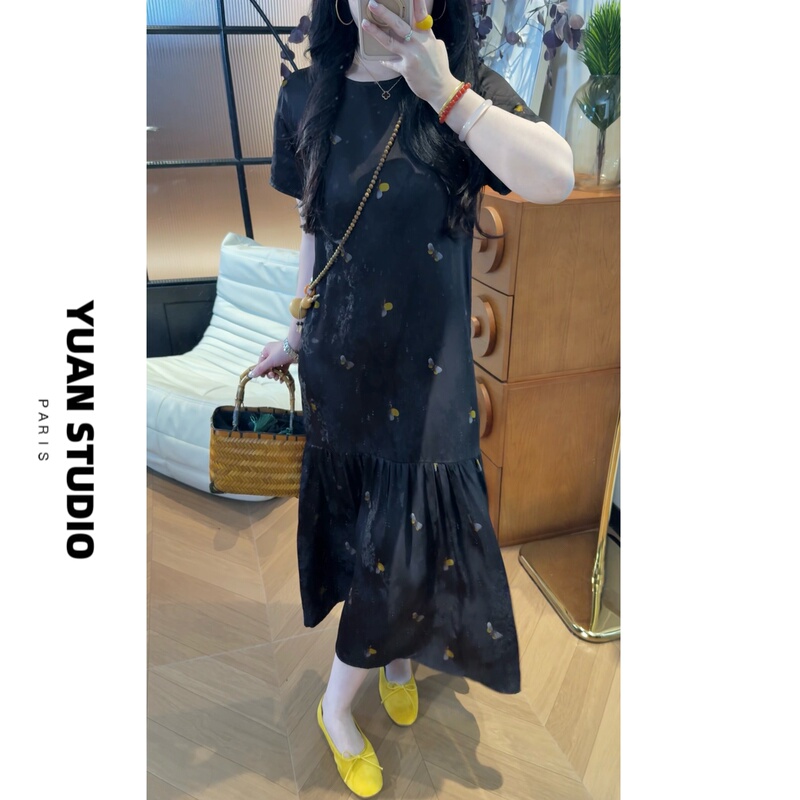 【Jin Di Ya Xu】100% Silk Xiangyun Yarn Bias-Cut Modified Cheongsam Dress with a Slimming Effect and Short Sleeves for Women