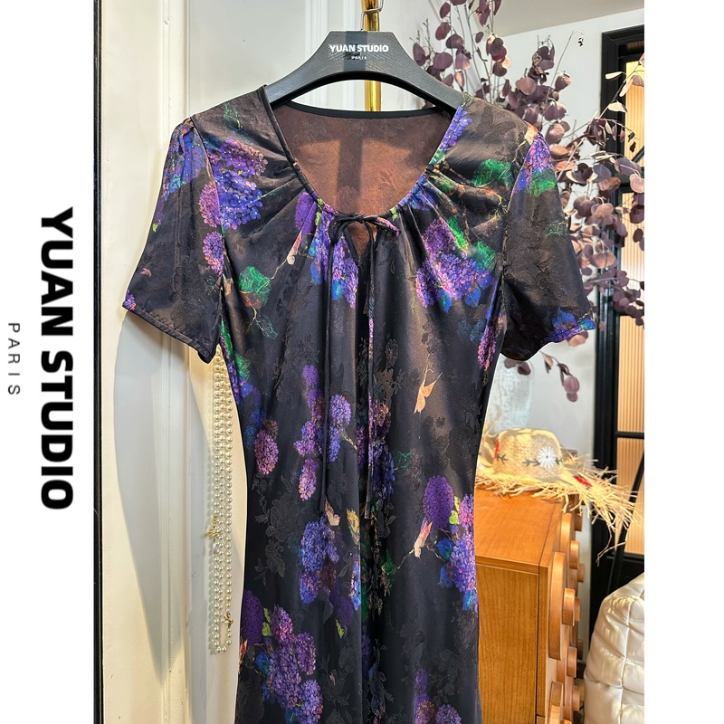 【Purple Night Blossoms】Rayon Xiangyun Silk Diagonal Cut Vintage Style Waist-Slimming Dress with Sleeves for Women
