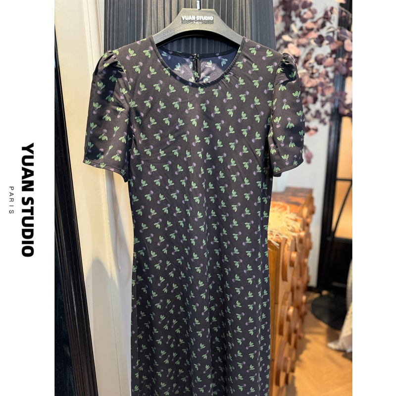 [Night Shadow Purple Rose] 2026 Spring New French Retro Style Waist-Slimming Short-Sleeve Dress for Women