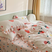 ins Princess wind thickened milk velvet four-piece set winter warm lotus leaf quilt cover coral velvet bedding Nordic