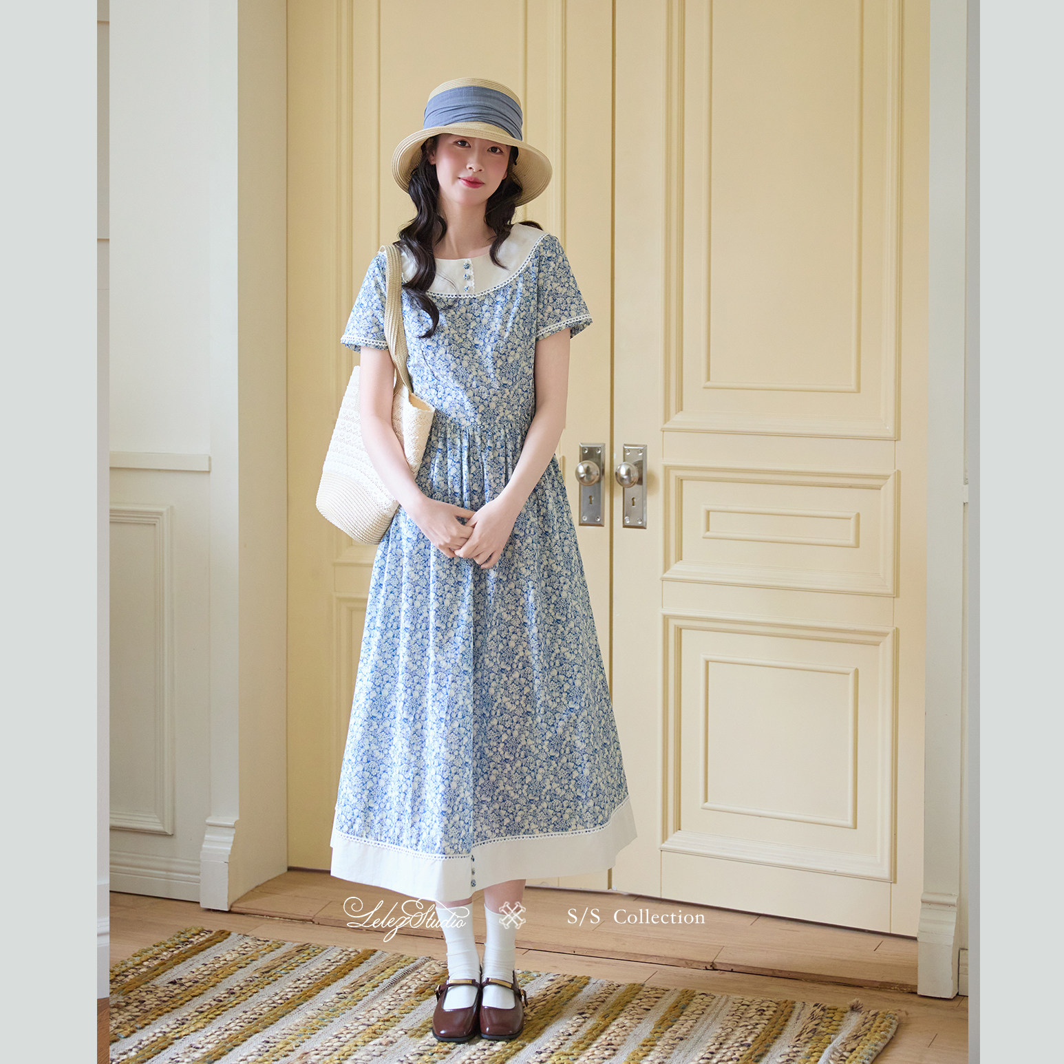 LelezStudio/Blue Porcelain Dream レトロフレンチフローラルプリントピュアコットンスリムウエストガーリーマキシドレスサマードレス