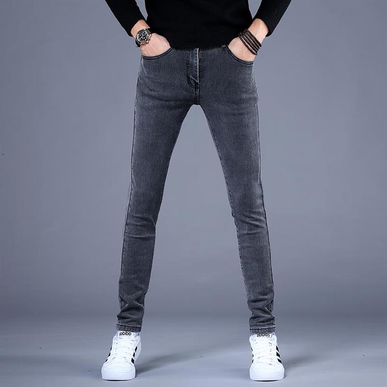 Autumn and winter plus velvet men's gray jeans men's trendy brand slim elastic casual feet pants Korean version of the waist trousers