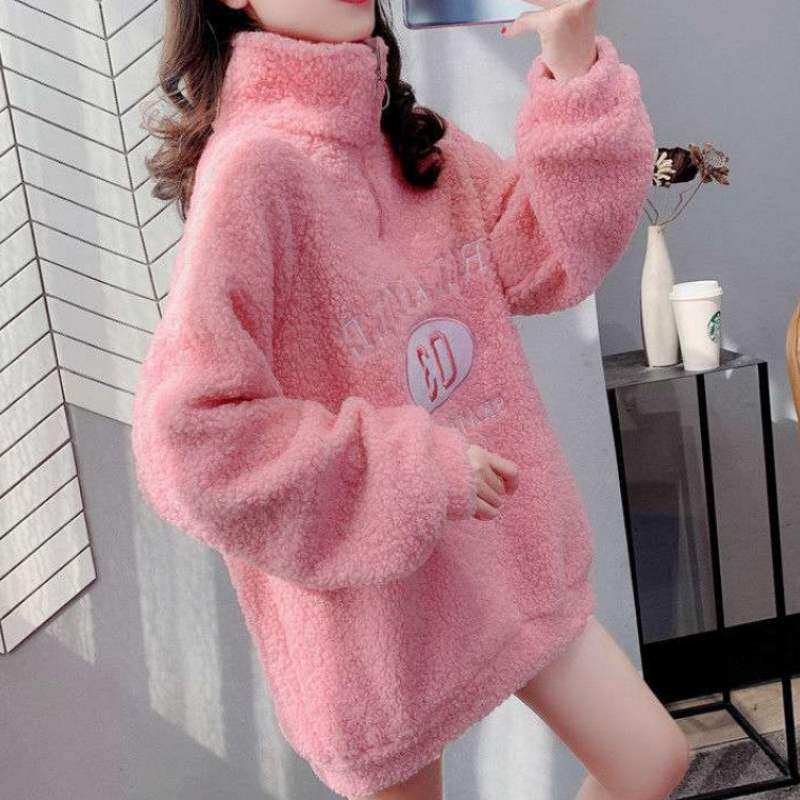 Hong Kong tide brand plus velvet thickened imitation lamb wool sweater women's tide 2020 new autumn and winter loose pullover collar top