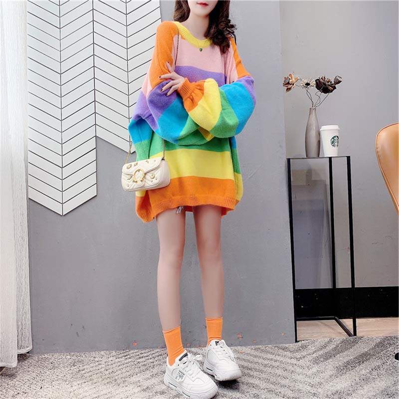 Tide brand autumn and winter new loose Korean version cocoon pullover sweater rainbow striped lazy wind long sleeve top outside