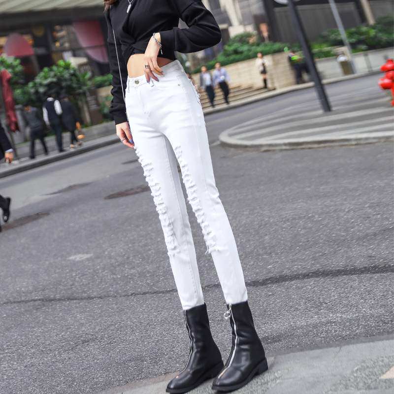 Tide card 90% Broken Hole White Jeans Women's Pants 2021 Spring Dress New Elastic slim fit pencil pants-Taobao