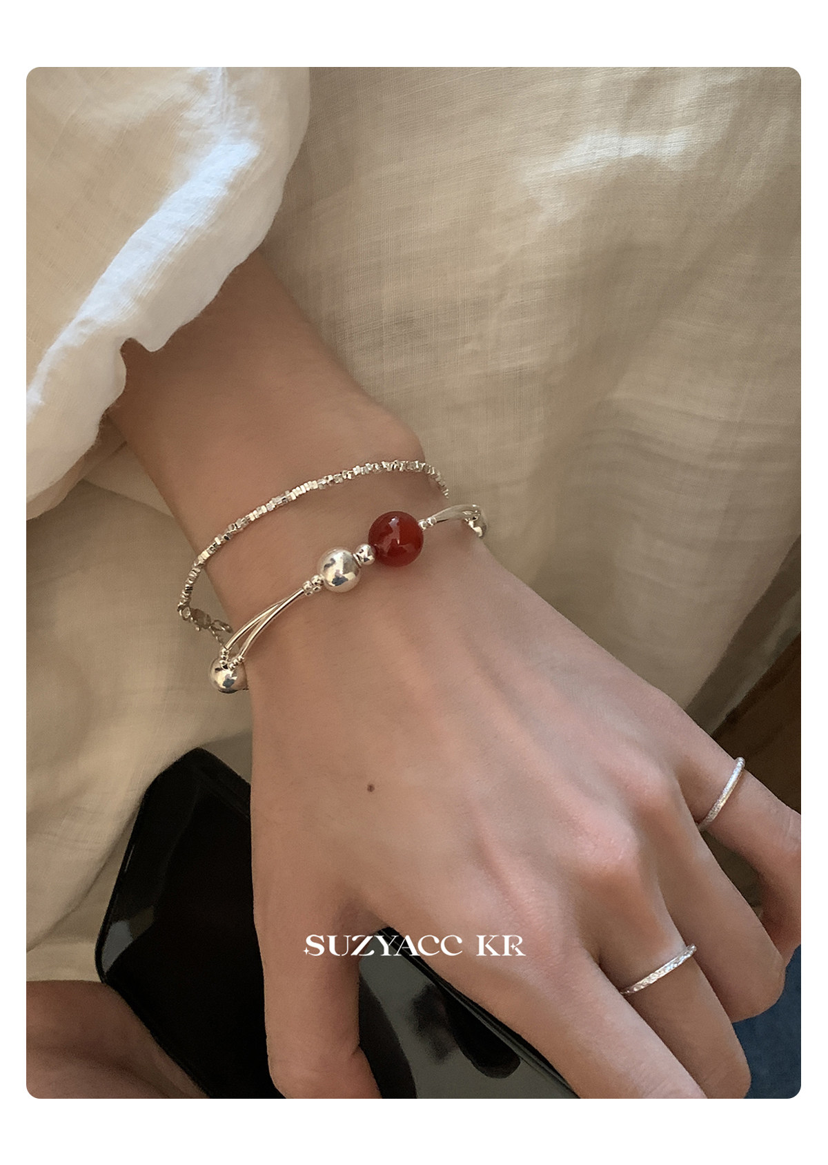 银饰手链 suzyacc kr轻奢简约红玛瑙纯银双层手链女早秋复古气质高级感手饰