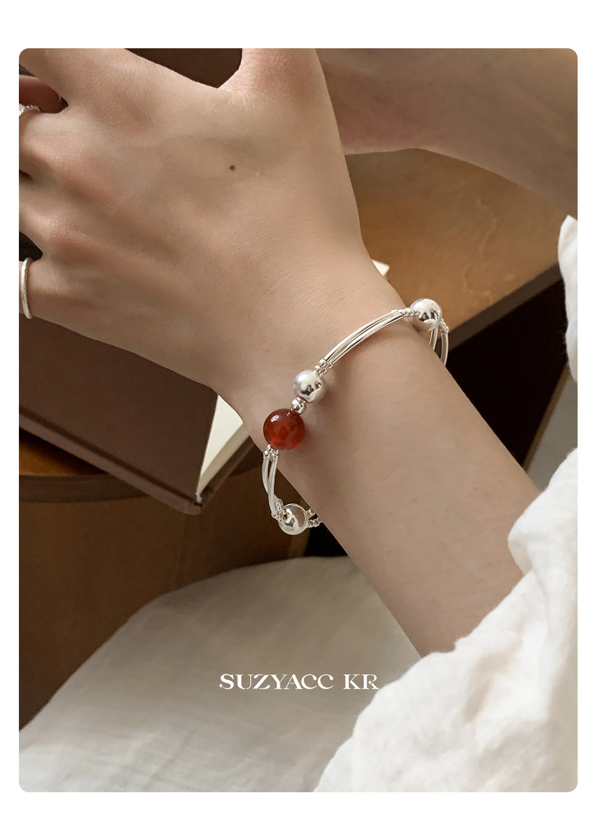 银饰手链 suzyacc kr轻奢简约红玛瑙纯银双层手链女早秋复古气质高级感手饰