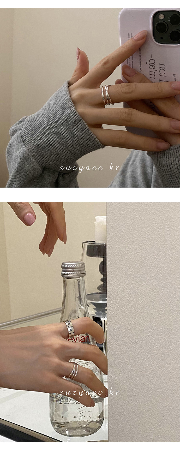 银饰戒指 suzyacc kr韩国简约小众设计感纯银交叉戒指时尚个性食指戒可调节