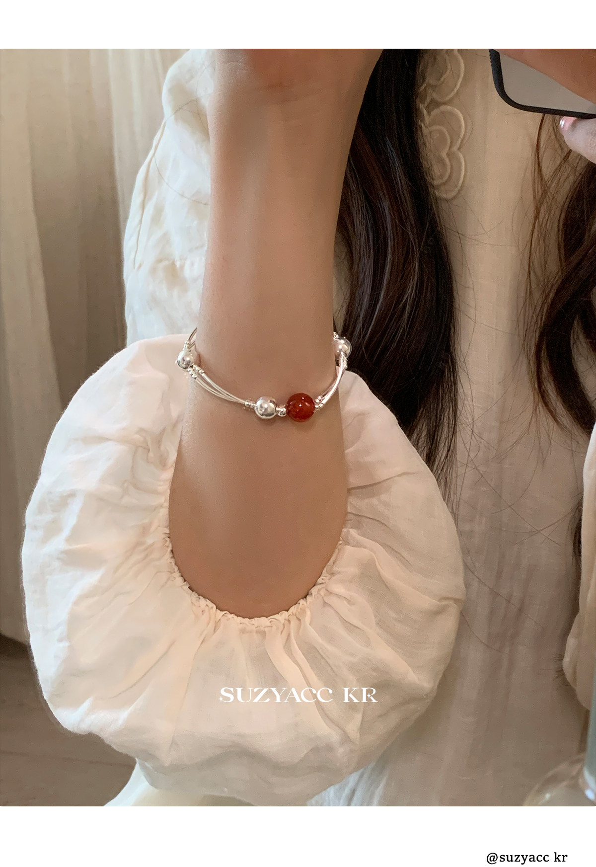 银饰手链 suzyacc kr轻奢简约红玛瑙纯银双层手链女早秋复古气质高级感手饰