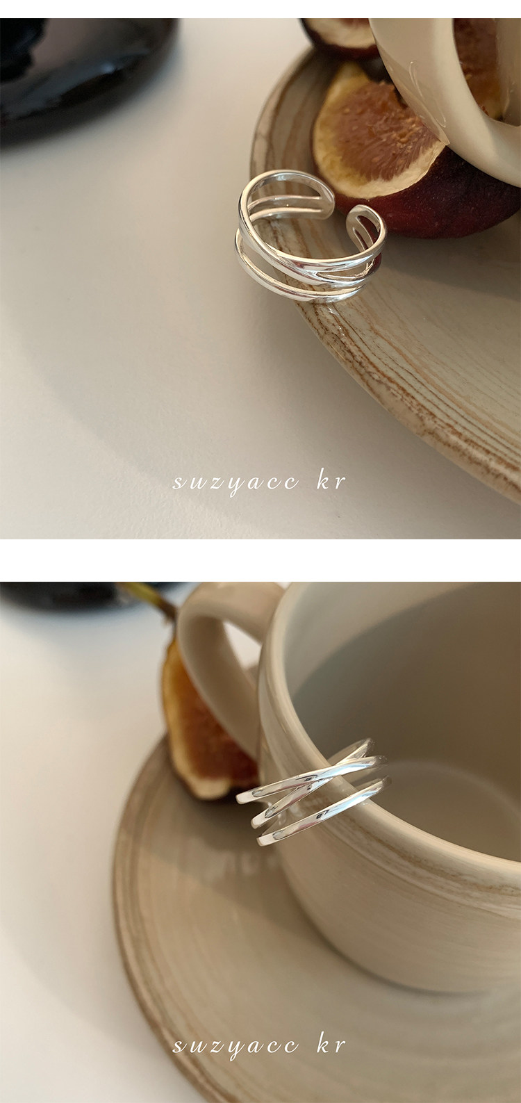 银饰戒指 suzyacc kr韩国简约小众设计感纯银交叉戒指时尚个性食指戒可调节
