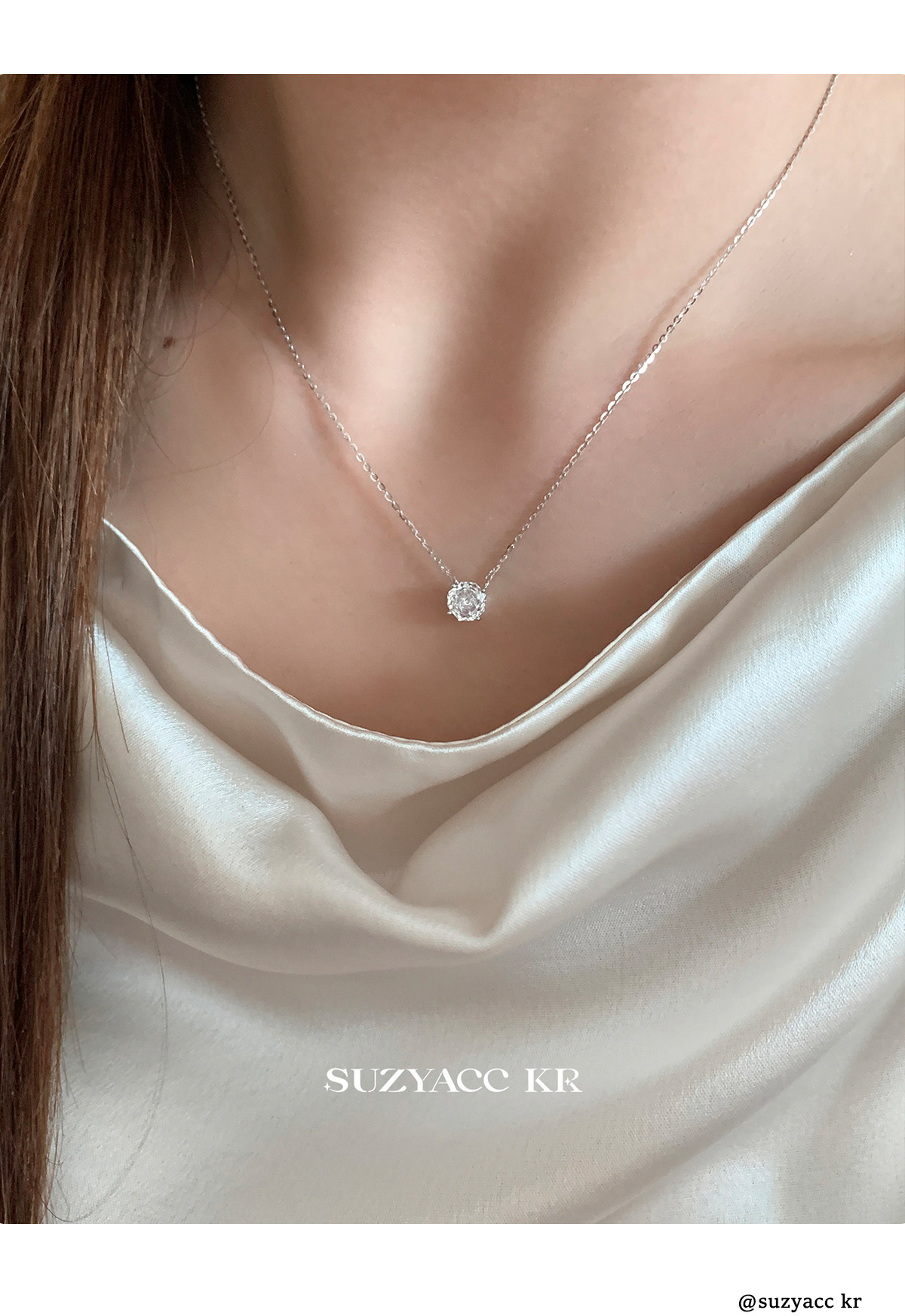 Серебряное ожерелье suzyacc kr玫瑰花切合成锆石项链纯银锁骨链女2025新复古小众颈链