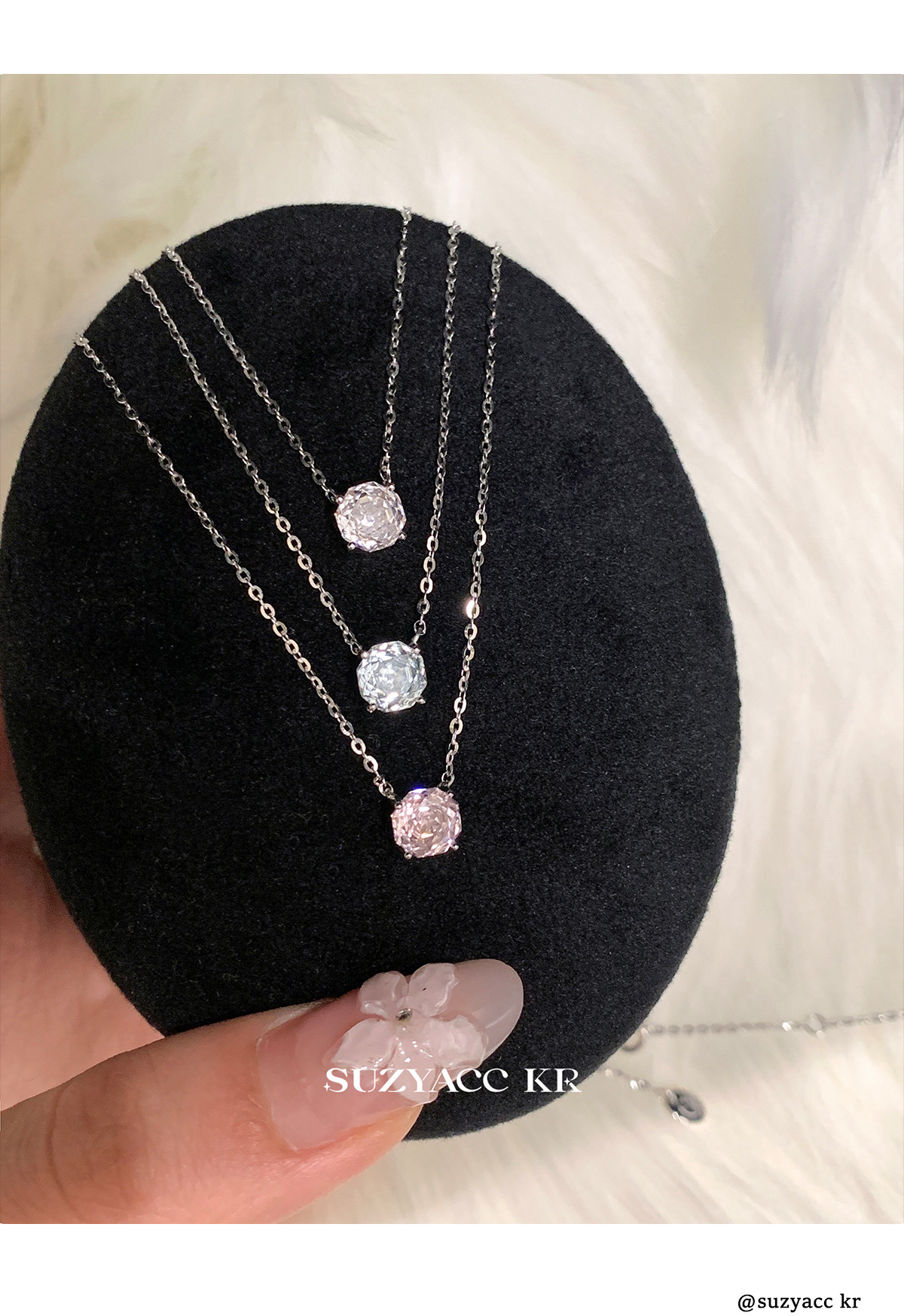 Серебряное ожерелье suzyacc kr玫瑰花切合成锆石项链纯银锁骨链女2025新复古小众颈链
