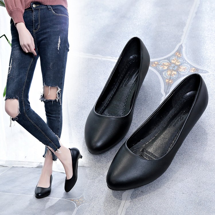 Leather shoes, short heels, round toe, thick heels, work high heels, women's medium heels, 2-3-5cm black professional work shoes