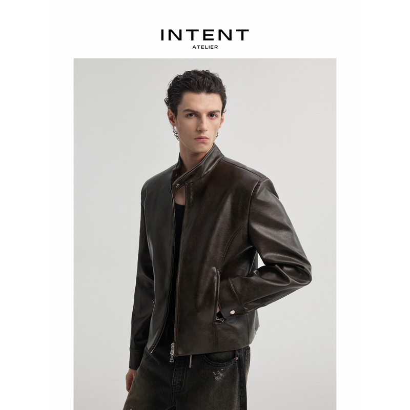Intent Dark Brown Stand Collar Biker Leather Jacket Retro Short Faux Leather Autumn and Winter High-End Coat Intent Dark Brown Stand Collar Biker Leather Jacket Retro Short Faux Leather Autumn and Winter High-End Coat